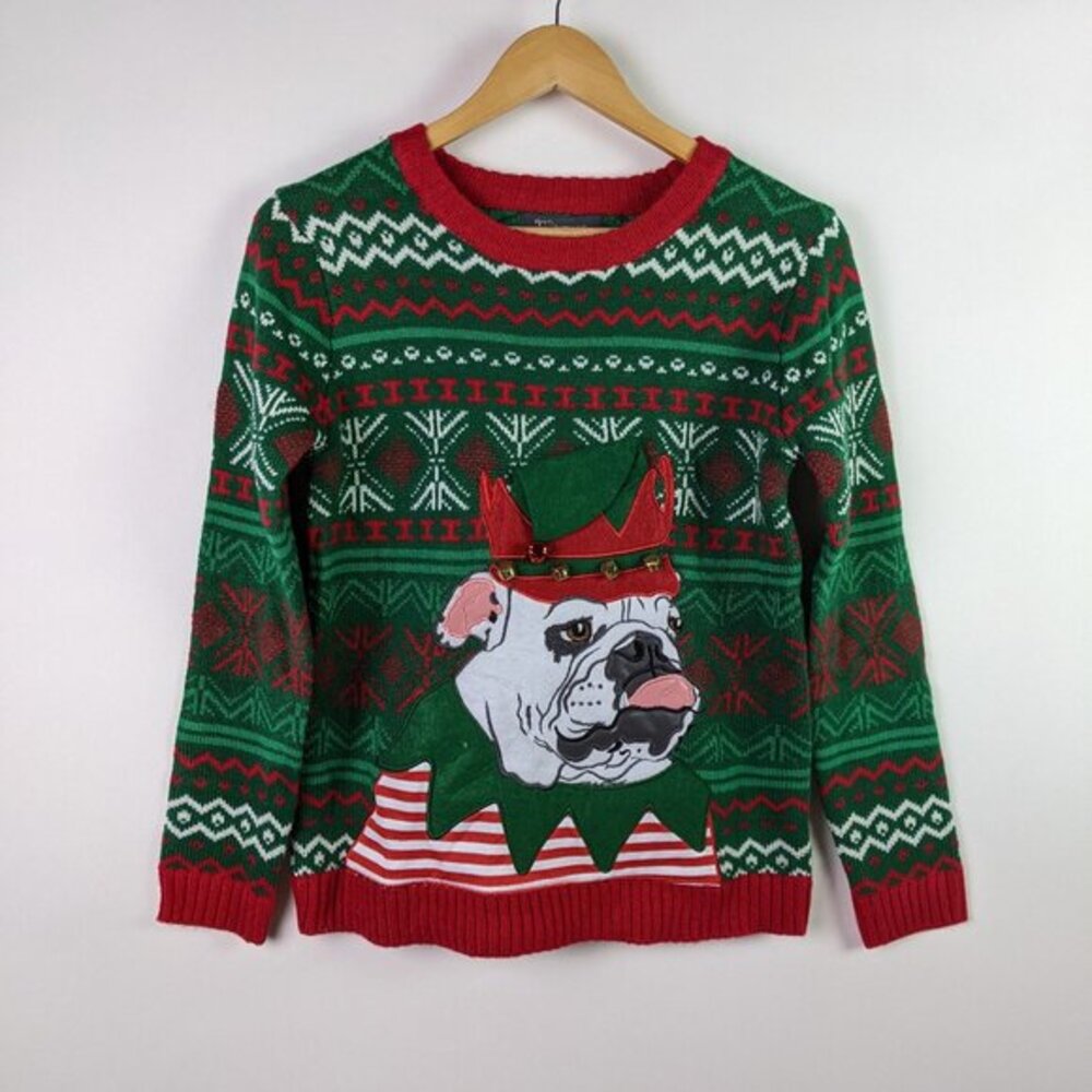 33 Degrees Big Kids 14/16(L) Christmas Green Bulldog Elf Holiday Pullover